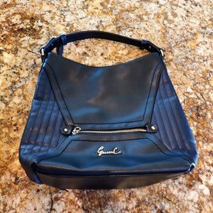 Gussaci large faux leather bag, very dark navy/black w gold hardware. Good cond.